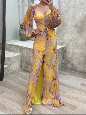 Celina The Label Pleated Maxi Dress Yellow Purple Off Shoulder Slit Small